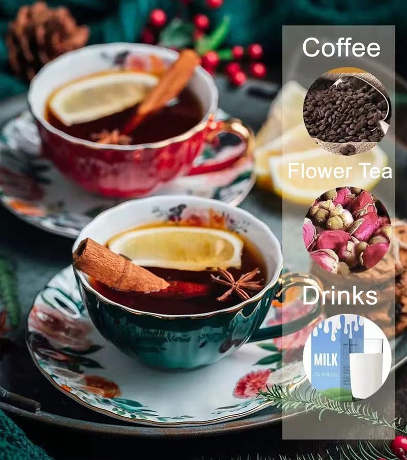Rain House Porcelain Tea Cup with Saucers and Spoon 2 Sets of 8 Oz Floral Coffee Mug with Gold Trim Holder Royal Ceramic Teacup Set Espresso Latte Mugs for Wedding Birthday Party Table Supplies Red  Green - Image 3