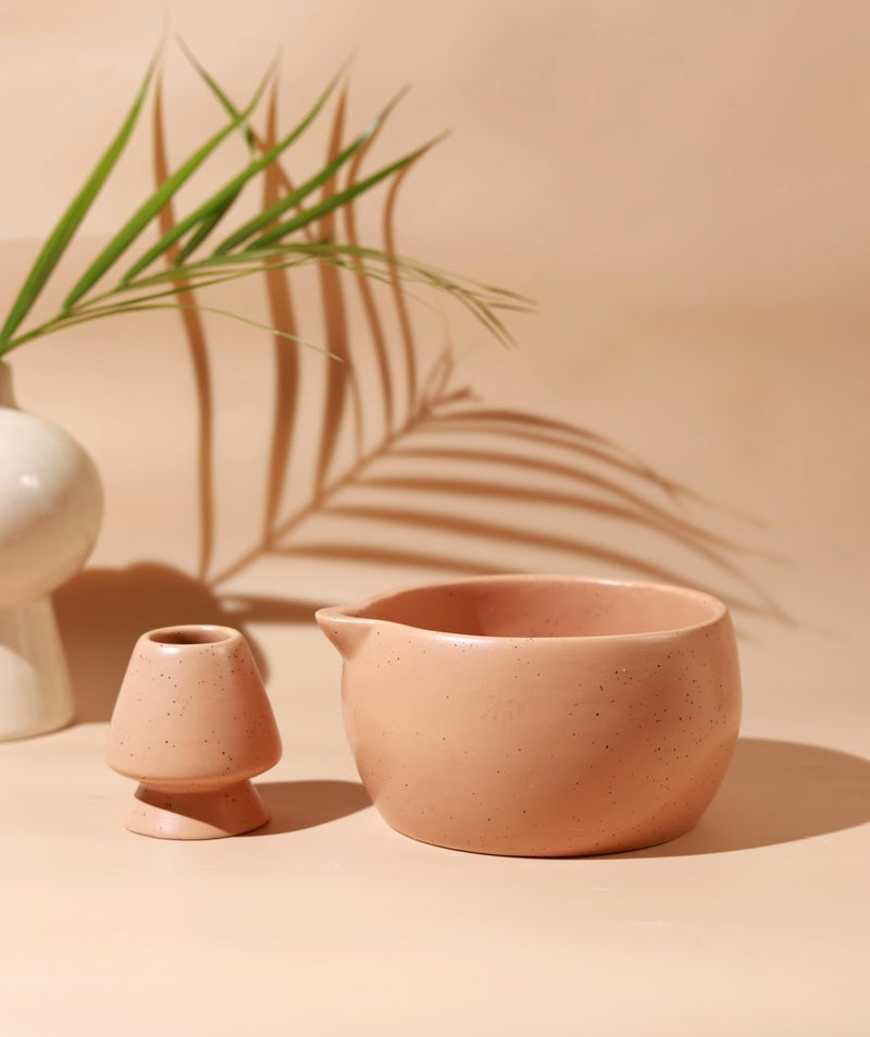 Craftribal Handmade Ceramic Solid Matcha Bowl with Whisk Holder – Pottery Chawan for Japanese Tea Ritual, Matcha Lovers & Gifting|Bowl - 5.5 inches|Holder-2.5 inches|Color-Brown - Image 1