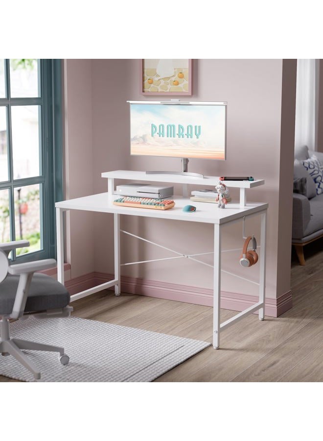 Pamray 47 Inch Small Computer Desk with Monitor Stand, Simple Office Desk with Headphone Hook for Small Spaces, Kids Study Writing Table for Bedroom, White - Image 2