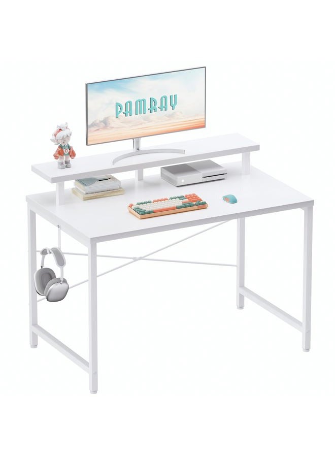 Pamray 47 Inch Small Computer Desk with Monitor Stand, Simple Office Desk with Headphone Hook for Small Spaces, Kids Study Writing Table for Bedroom, White - Image 1