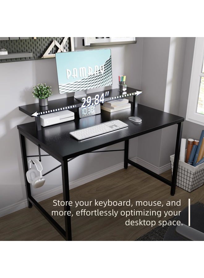 Pamray 47 Inch Small Computer Desk with Monitor Stand, Simple Office Desk with Headphone Hook for Small Spaces, Kids Study Writing Table for Bedroom, White - Image 3
