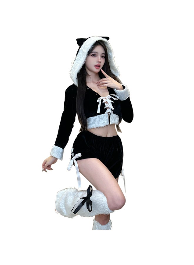 Ciao Women’s Christmas Furry Cat Costume – Black Velvet Hooded Crop Top & Shorts Set with Ears, Fur Trim, Leg Warmers & Bows (Free Size 40–60 kg) - Image 5