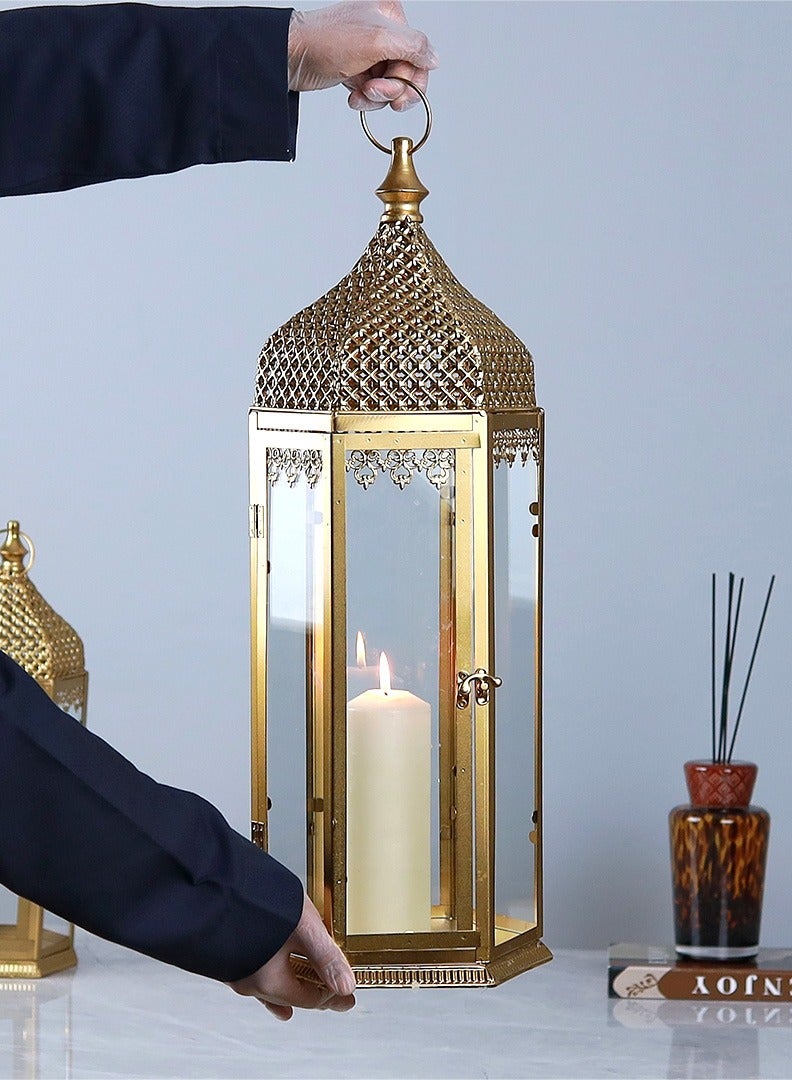 الهدايا مول  فانوس رمضاني ذهبي بتصميم أنيق ومميز – فانوس شموع معدني فاخر للديكور – 63×22 سم - Image 1