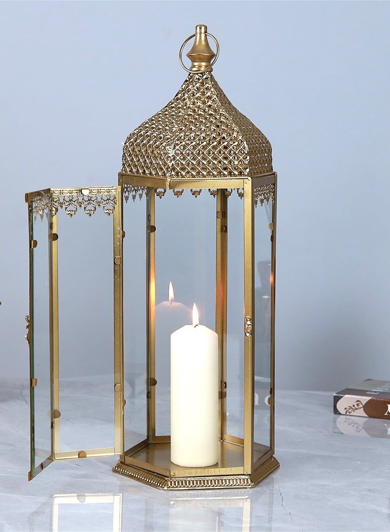 الهدايا مول  فانوس رمضاني ذهبي بتصميم أنيق ومميز – فانوس شموع معدني فاخر للديكور – 63×22 سم - Image 2