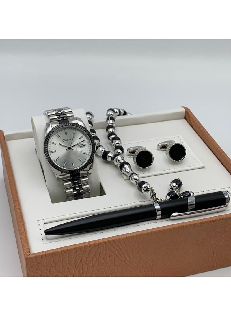 Men's set from Carnaer, consisting of fuor pieces: a watch, a pen, cufflinks, and a rosary.