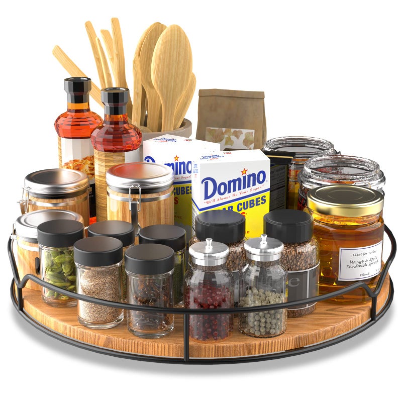 Lazy Susan Turntable Organizer with AntiSlip Mat for Cabinet Pantry Kitchen Countertop Refrigerator Office Pine Wood 13 Carbonized Black