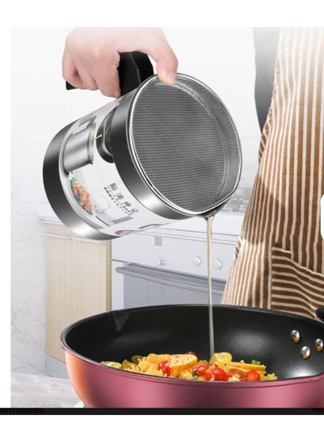 Oil Strainer Pot Grease Can 1.7L Stainless Steel Oil Storage Container with Fine Mesh Filter Lid Heat Resistant Handle Reusable Cooking Oil Keeper for Kitchen Frying Bacon Fat Storage Silver Set Tools - Image 2