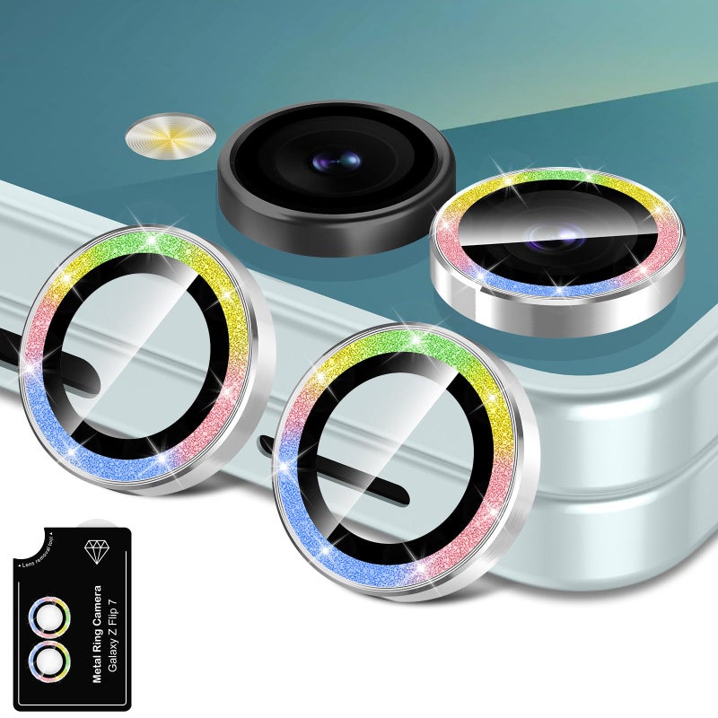 Avocase for Samsung Galaxy Z Flip 7 Camera Lens Protector, Individual Metal Ring Tempered Glass Lens Cover, [Strong Adsorption] Scratch Resistant Ultra-Thin HD Clear Lens Cover, 1 Set-Colorful Sparkly - Image 1
