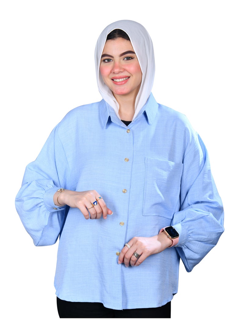 شميز حريمى اوفر سايز خامة كتان كم اسبانى - لون بيى بلو - Image 1