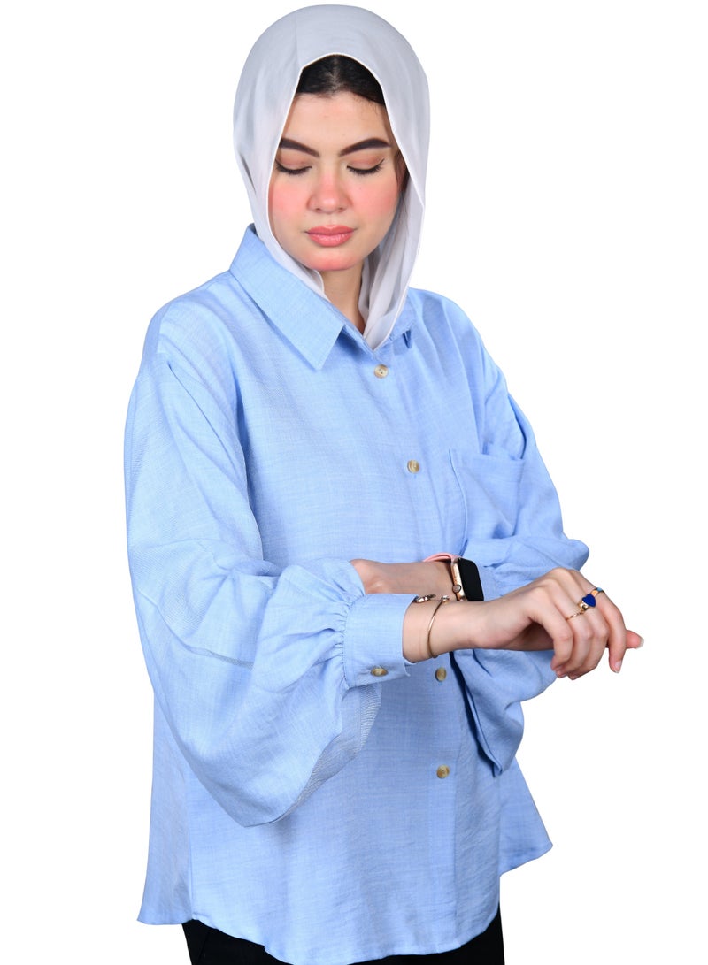 شميز حريمى اوفر سايز خامة كتان كم اسبانى - لون بيى بلو - Image 2