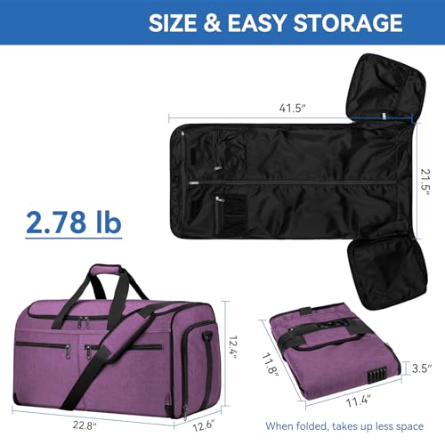 Bukere Large Garment Bag for Travel, Bukere Convertible Suit Travel Garment Duffel Bag for Women Business, Shoe Compartment, Detachable Shoulder Strap, 2 in 1 Hanging Suitcase Suit Travel Bags, Purple - Image 2