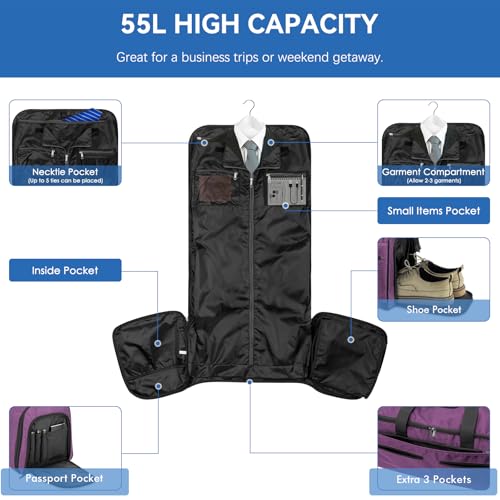Bukere Large Garment Bag for Travel, Bukere Convertible Suit Travel Garment Duffel Bag for Women Business, Shoe Compartment, Detachable Shoulder Strap, 2 in 1 Hanging Suitcase Suit Travel Bags, Purple - Image 3