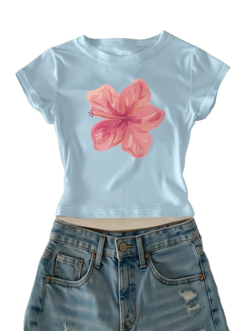 00008 - Women's Casual Top with Large Petal Print, Girly Heart, Ins - Style American Fashion, Versatile T - Shirt, New Summer Trendy Short Sleeve - CC73 - Blue 1 / XS - Image 1