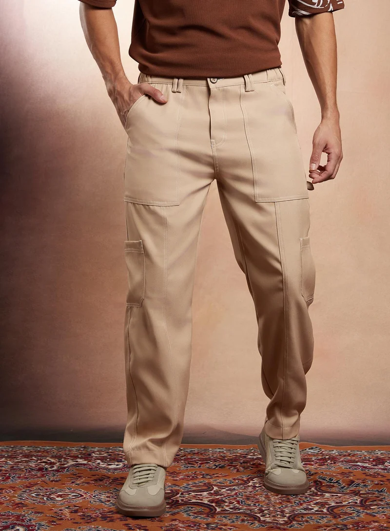 كامبوس سوترا سراويل كاربنتر رجالية من كامبس سوترا بلون بيج كاكي مع خياطة متباينة للاستخدام اليومي