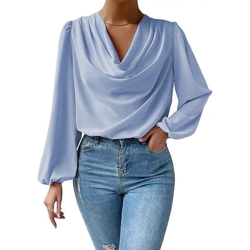 2024 Elegant Chiffon Lantern Sleeve Blouse for Women Sky blue - Image 1