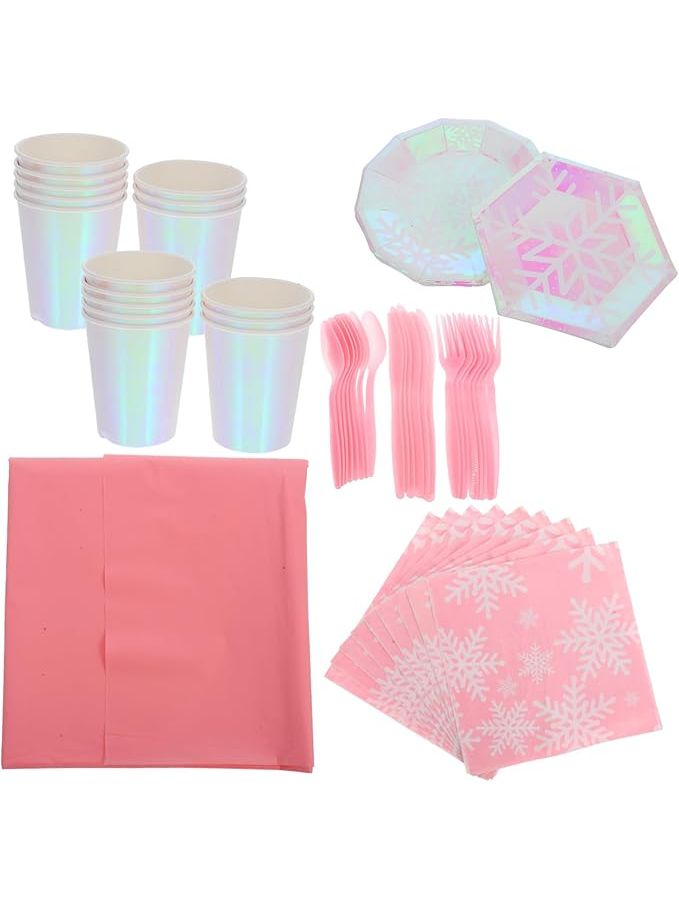 Snowflake Disposable Party Set 1 Pack Includes Plates Cups Tablecloth Iridescent Eco Friendly Paper - Image 1