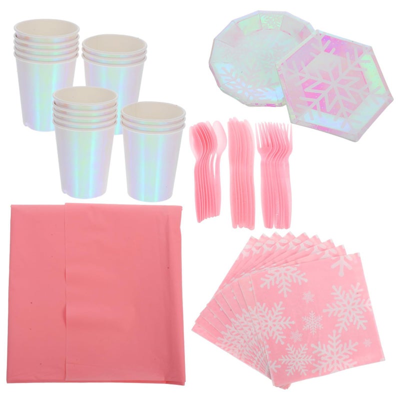Snowflake Disposable Party Set 1 Pack Includes Plates Cups Tablecloth Iridescent Eco Friendly Paper - Image 2