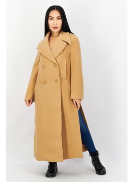 Women Notched Collar Long Sleeve Double Button Trench Coat, Brown