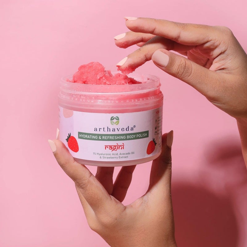 Arthaveda Hydrating Body Polish Ragini with 1 Hyaluronic Acid Sea Salt Avocado Oil Strawberry Extract is your goto for Tan Removal Skin Refreshment with Deep Hydration I 200 g - Image 3