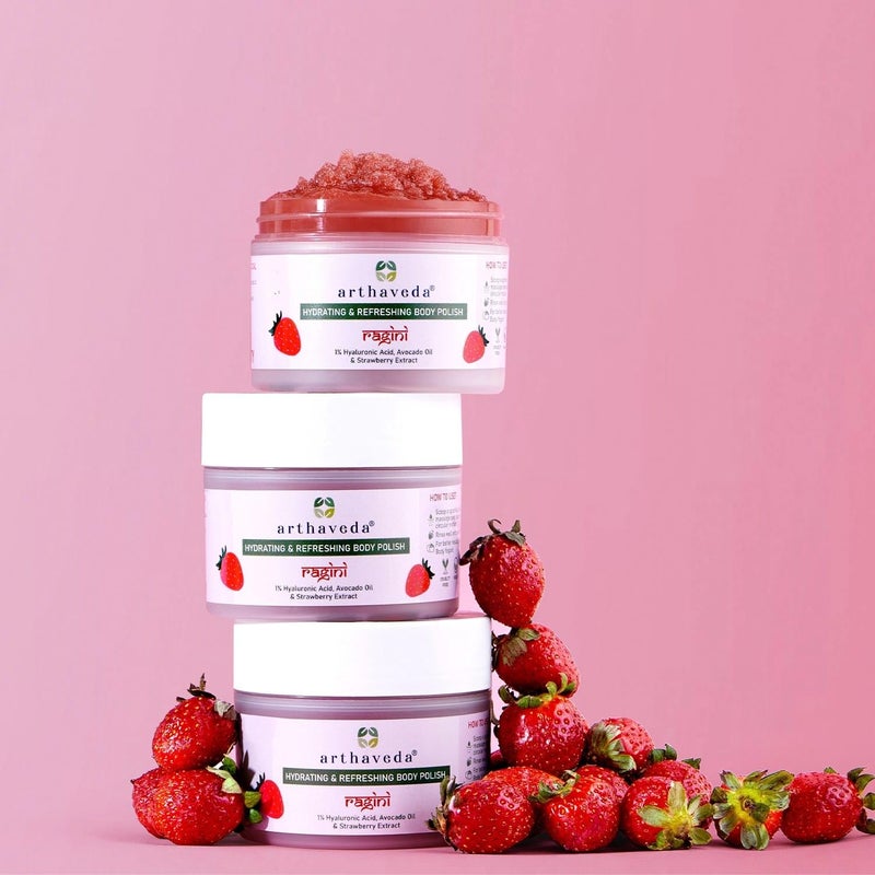 Arthaveda Hydrating Body Polish Ragini with 1 Hyaluronic Acid Sea Salt Avocado Oil Strawberry Extract is your goto for Tan Removal Skin Refreshment with Deep Hydration I 200 g - Image 1
