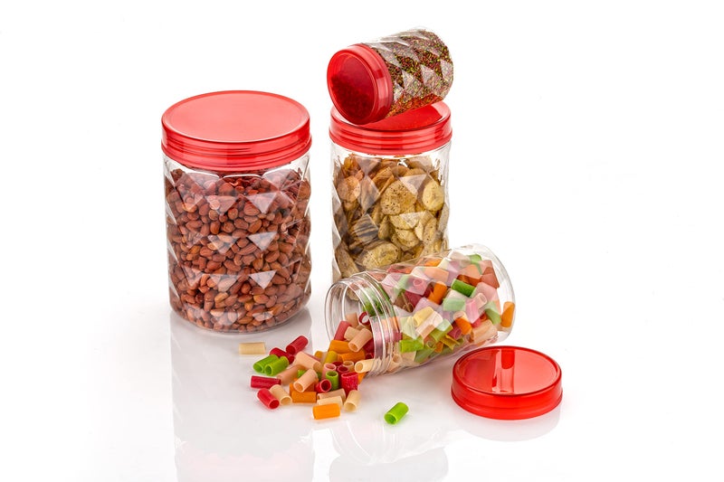 Clazkit Plastic Pet Storage Jar and Container Set of 18 (6 x 350ml, 6 x 650ml, 6 x 1.20ltrs), Red | Air Tight | Kitchen Organiser | BPA Free | Stackable - Image 5