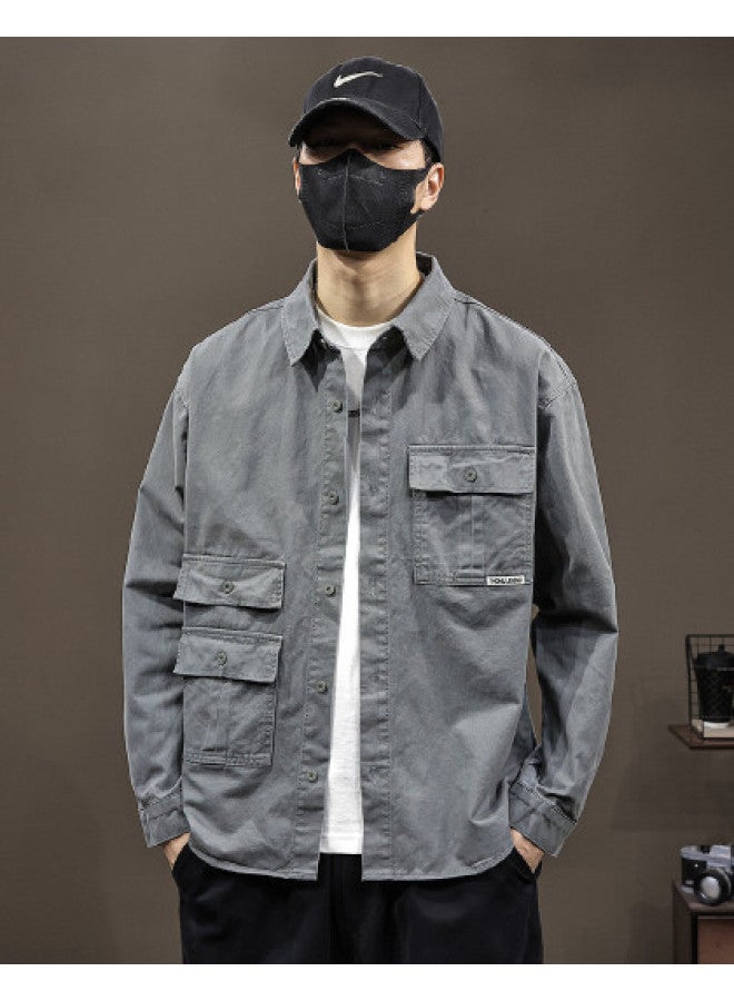 TonLion Versatile Cargo Pocket Lapel Men's Casual Shirt - Spring/summer Thin Loose Fit Korean Style Long Sleeve Open Front Jacket - Image 1