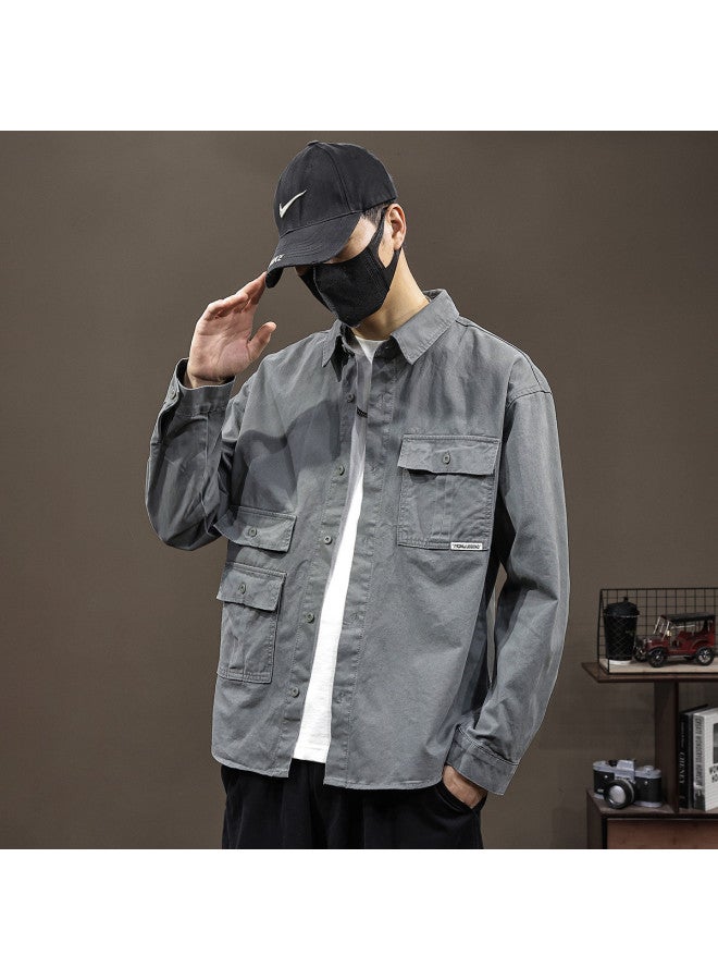TonLion Versatile Cargo Pocket Lapel Men's Casual Shirt - Spring/summer Thin Loose Fit Korean Style Long Sleeve Open Front Jacket - Image 3