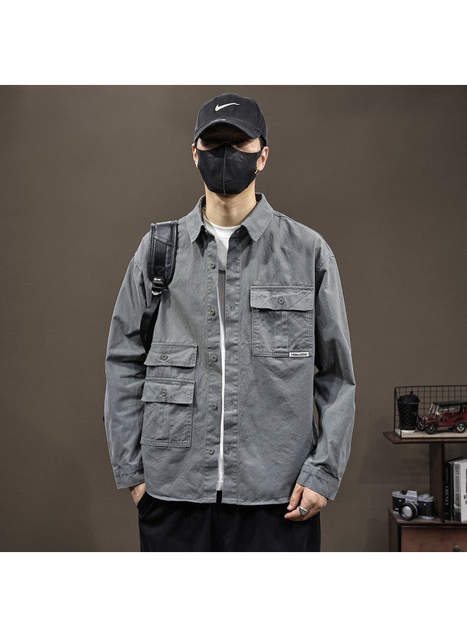 TonLion Versatile Cargo Pocket Lapel Men's Casual Shirt - Spring/summer Thin Loose Fit Korean Style Long Sleeve Open Front Jacket - Image 4