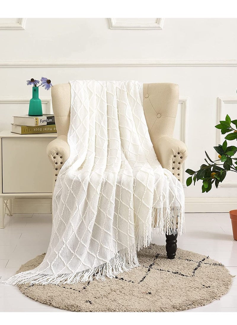 Y&D - Sofa Decorative Blanket, Soft and Comfortable Knitted Blanket with Tassels for Bed Diamond Shaped Coverlet Lightweight End Nap (beige, 127x152cm) - Image 1