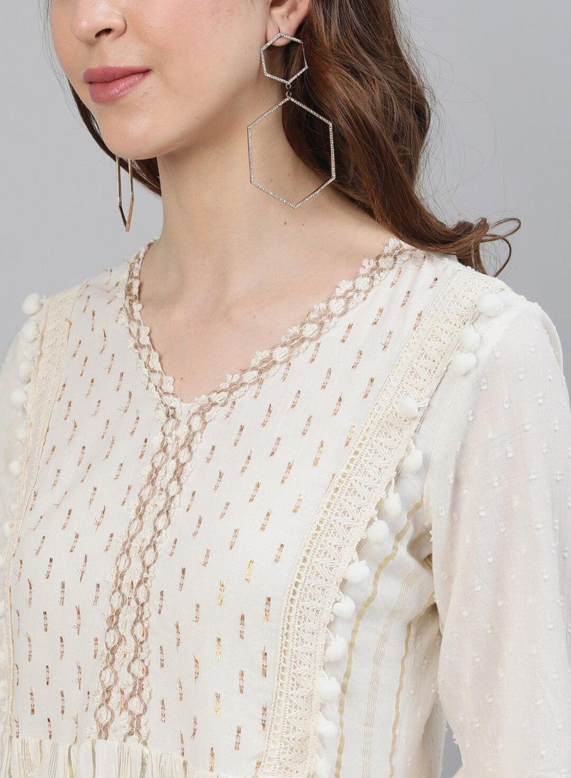 ISHIN Women'S Off White 100% Cotton Self Design Knee Length A-Line Dress - Image 2