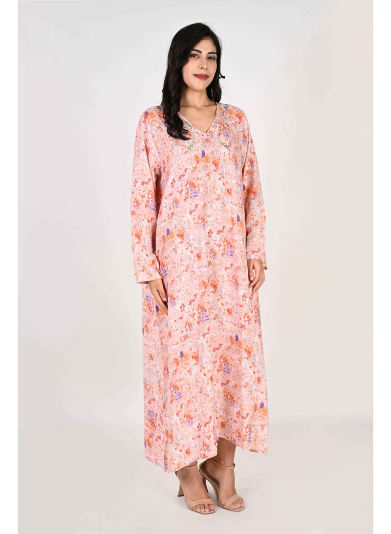 لـيـنـيـل جلابية نسائية من لينيل - طبعة تجريدية برتقالية مع ياقة مطرزة - Image 2