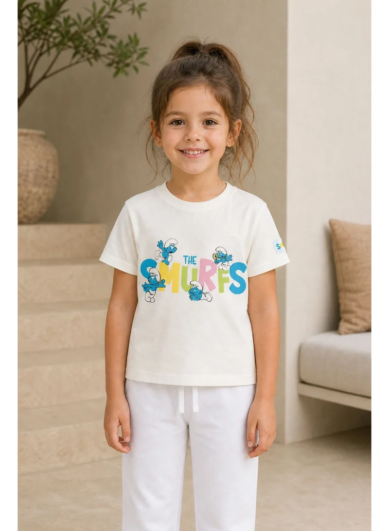 Trucare The Smurfs Pastel Logo Graphic T-Shirt for Girls | Multi-Character Print Casual Crew Neck Tee
