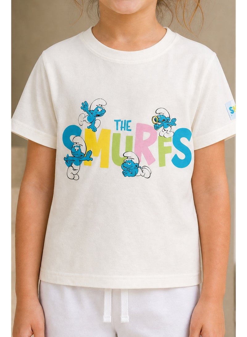 Trucare The Smurfs Pastel Logo Graphic T-Shirt for Girls | Multi-Character Print Casual Crew Neck Tee - Image 4
