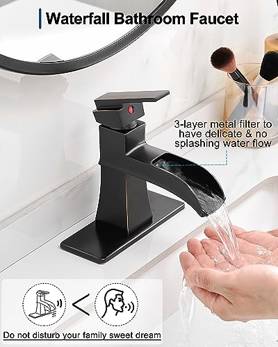 HOIGY Brass Bathroom Waterfall Faucet, Oil Rubbed Bronze Bathroom Faucet 1 Hole or 3 Holes (4 Inch), Single Handle with Deck Plate, Pop-Up Drain & Water Hoses for RV Vanity Farmhouse, 5 Mins Install - Image 2