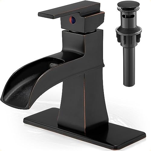 HOIGY Brass Bathroom Waterfall Faucet, Oil Rubbed Bronze Bathroom Faucet 1 Hole or 3 Holes (4 Inch), Single Handle with Deck Plate, Pop-Up Drain & Water Hoses for RV Vanity Farmhouse, 5 Mins Install - Image 1