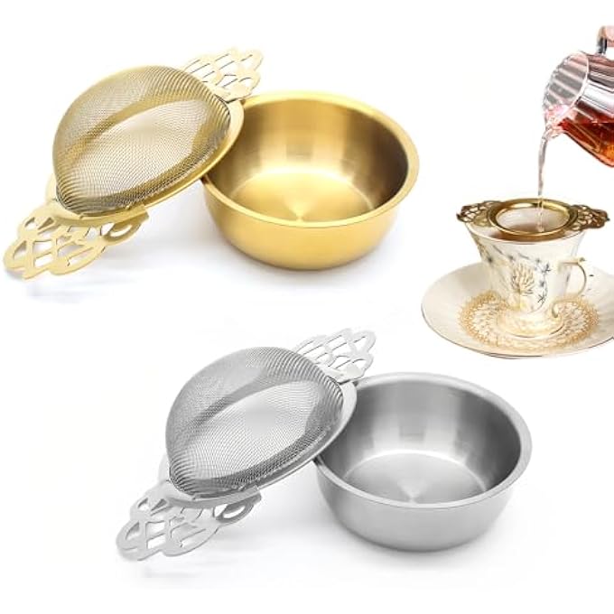 nalaina 2 Pcs Stainless Steel Tea Strainers Bowl Tea Infuser Mesh Tea Ball  Fine Mesh With Drip Bowls Fit 254 Inch Cup Mouth For Loose Tea Leaf Coffee Herbs Or SpiceSilver Gold - Image 1