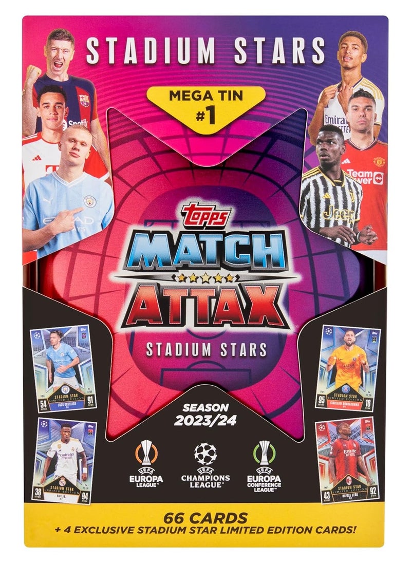 Topps - Topps Match Attax 23/24 - Mega Tin 1 - Contains 66 Match Attax Cards Plus 4 Exclusive Stadium Stars Limited Edition Cards - Image 1