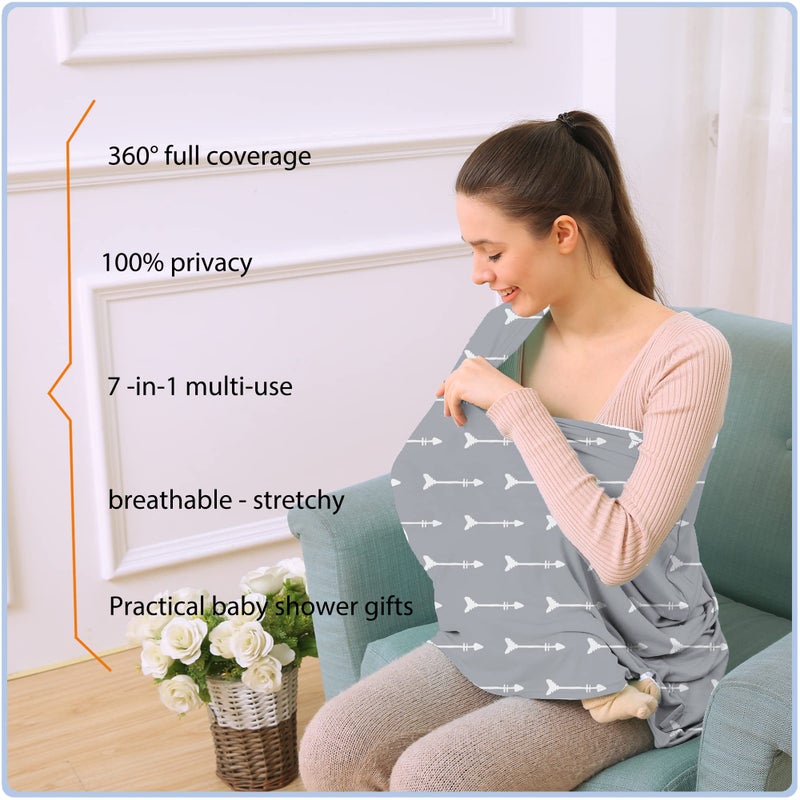 ByeBye Calorie Nursing Carseat Canopy Breastfeeding Cover - Multi-use Stretchy Car Seat Covers for Babies, Baby Shower Gifts (Grey Arrows) - Image 4