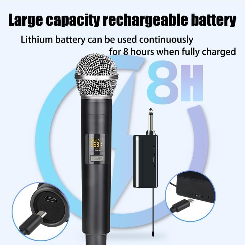 Wireless Microphone, UHF Dual Karaoke Microphone System, Microfonos with Rechargeable Receiver, Cordless Dynamic Mic Micro Set, 200ft Range, for Singing, Wedding, DJ, Party, Speech - Image 5