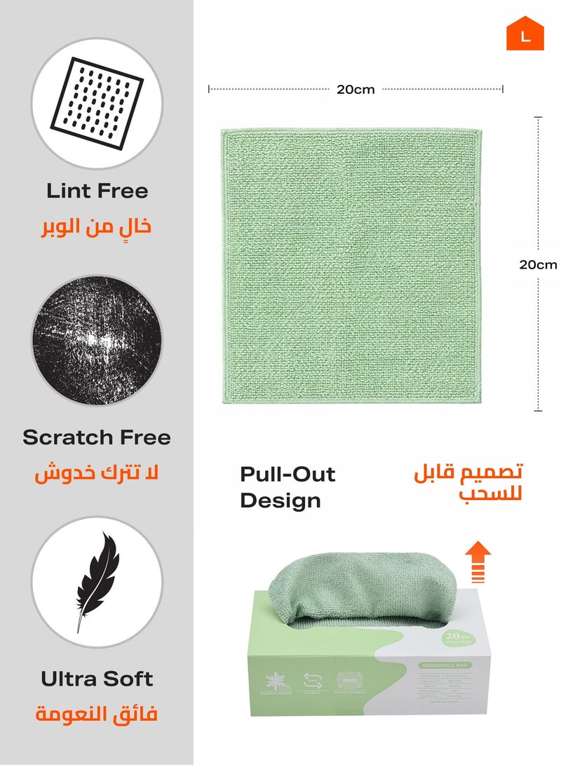 20 Piece Removable Microfiber Rags -20x20cm- Ultra Absorbent Lint-Free Cleaning Cloths in Extractable Dispenser Box for Kitchen or Household, Car, Window, Glass, and Multi-Surface Use - Green - Image 2