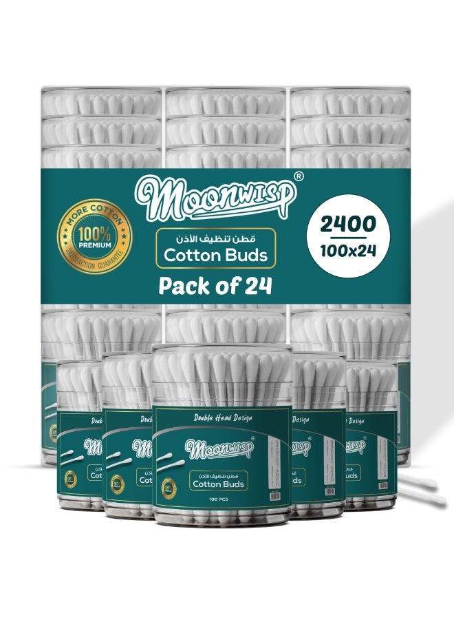 Moonwisp Cotton Buds - 100-Piece Units (Pack of 24) Double-Tipped Ear Cleaner Swabs - 100% Soft Cotton Buds for Ear - Hygienic & Gentle - 2400 PCs - Image 1