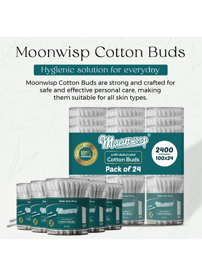 Moonwisp Cotton Buds - 100-Piece Units (Pack of 24) Double-Tipped Ear Cleaner Swabs - 100% Soft Cotton Buds for Ear - Hygienic & Gentle - 2400 PCs - Image 2