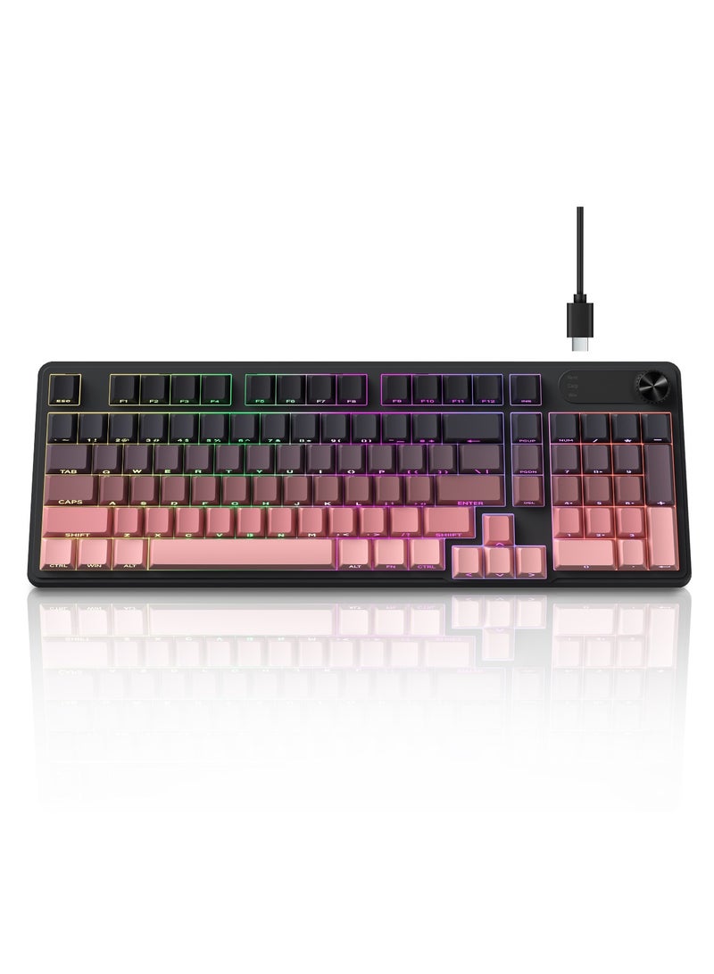 UCHUANG 98-Key Membrane Keyboard Compact 98-key layout, side-engraved, waterproof and splash-proof + RGB Dazzling Colour backlighting, single-key control of light effects, multimedia shortcuts + numeric keys, PBT keycaps, wired, gaming office keyboard (black and pink)  - Image 1