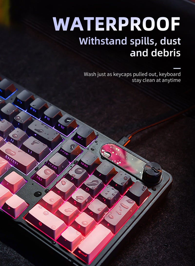 UCHUANG 98-Key Membrane Keyboard Compact 98-key layout, side-engraved, waterproof and splash-proof + RGB Dazzling Colour backlighting, single-key control of light effects, multimedia shortcuts + numeric keys, PBT keycaps, wired, gaming office keyboard (black and pink)  - Image 4