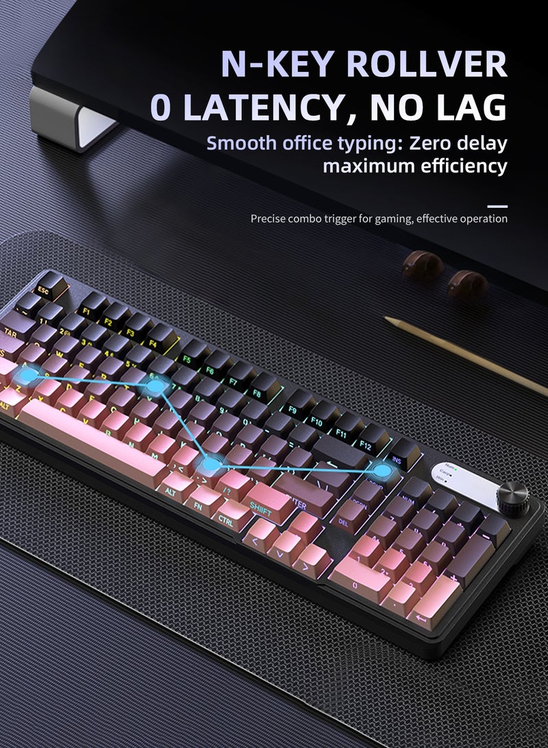 UCHUANG 98-Key Membrane Keyboard Compact 98-key layout, side-engraved, waterproof and splash-proof + RGB Dazzling Colour backlighting, single-key control of light effects, multimedia shortcuts + numeric keys, PBT keycaps, wired, gaming office keyboard (black and pink)  - Image 5