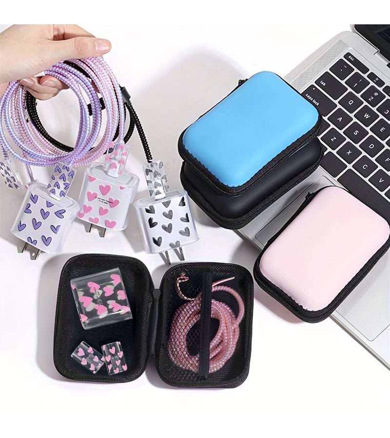 Data Cable Protection Set 6pcs Storage Box Compatible With 20W Fast Charging Colorful Love Purple - Image 1