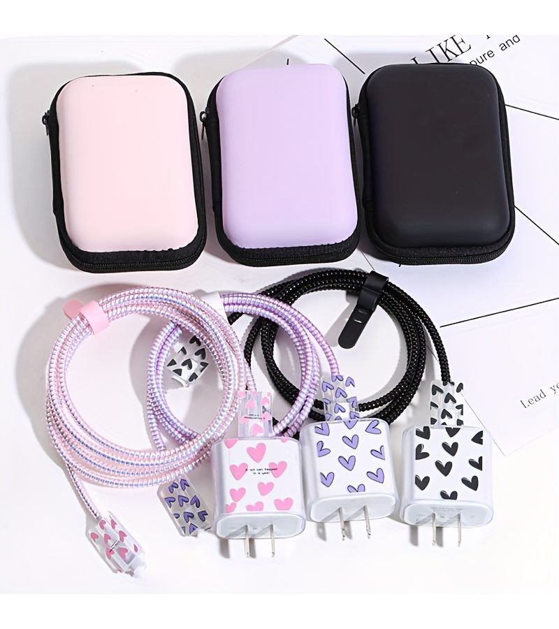 Data Cable Protection Set 6pcs Storage Box Compatible With 20W Fast Charging Colorful Love Purple - Image 5