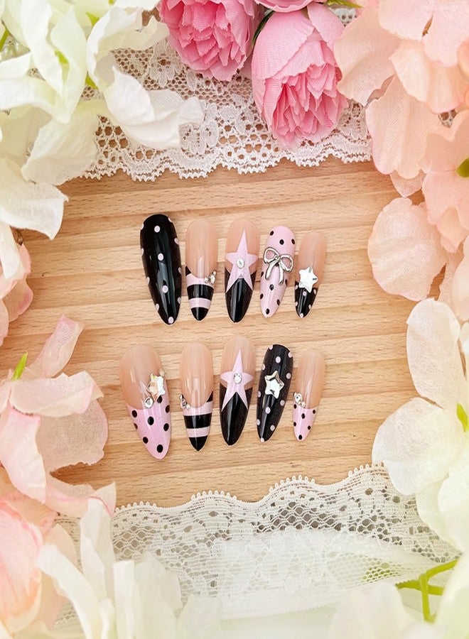 BYJKYEN 24Pcs Cute Polka Dot Press on Nails Medium Almond French Tip Fake Nails with Bow Charms Design Star Stripe Dots False Nails Full Cover Acrylic Nail for Women Daily Nail Decor supplies - Image 3