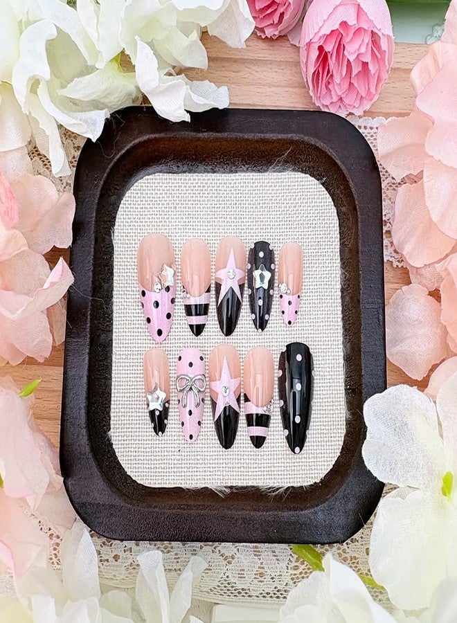 BYJKYEN 24Pcs Cute Polka Dot Press on Nails Medium Almond French Tip Fake Nails with Bow Charms Design Star Stripe Dots False Nails Full Cover Acrylic Nail for Women Daily Nail Decor supplies - Image 4