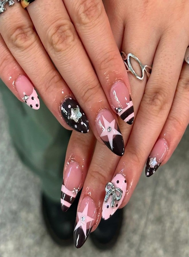 BYJKYEN 24Pcs Cute Polka Dot Press on Nails Medium Almond French Tip Fake Nails with Bow Charms Design Star Stripe Dots False Nails Full Cover Acrylic Nail for Women Daily Nail Decor supplies - Image 1